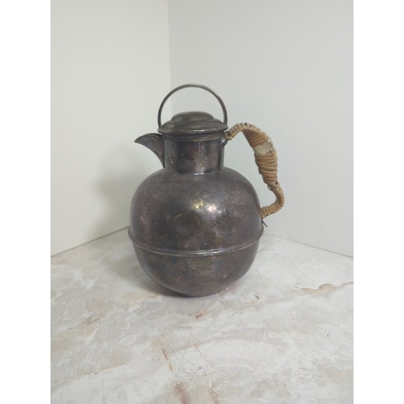 Vintage Sheffield Silver Plated Tea Pot Leaf tea strainer Bamboo Wrap Handle USA - Picture 1 of 9
